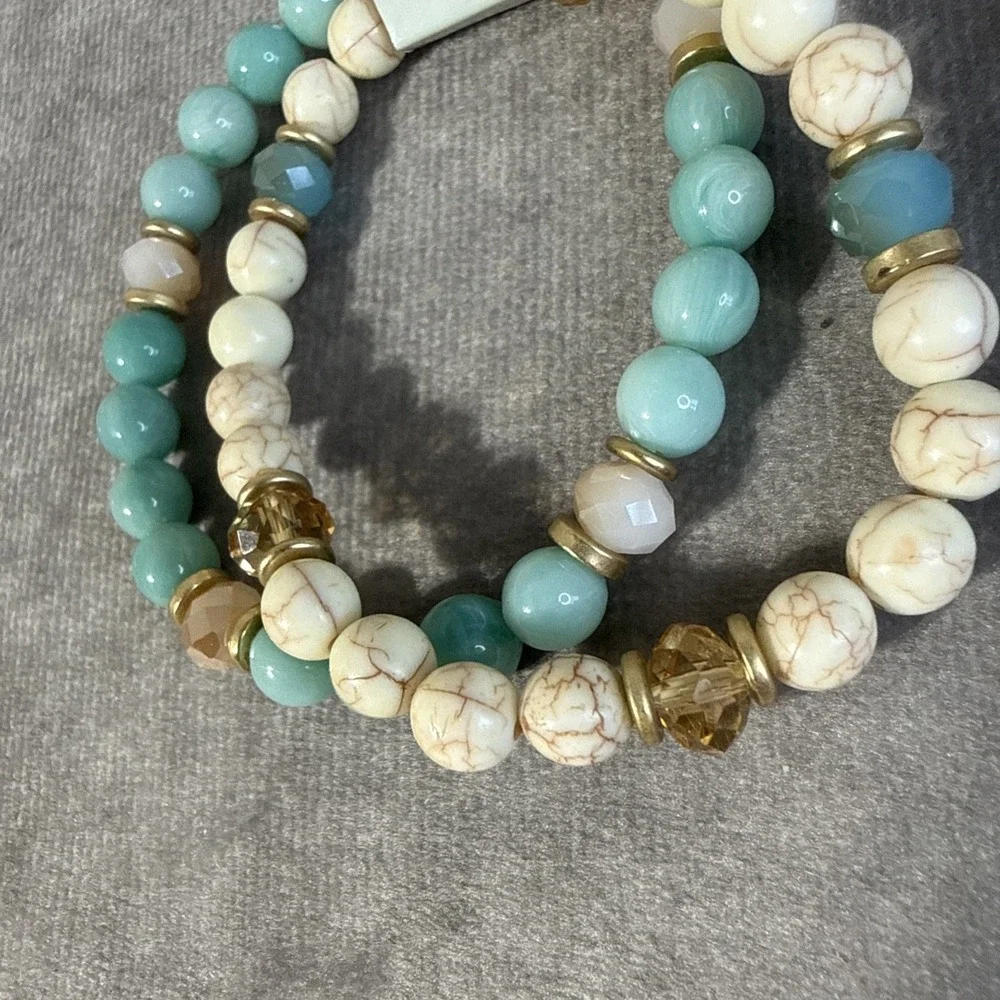 Tamina By Stella 2 Stretch Bracelet Faux Turquoise Gold Tone Marbled Beads